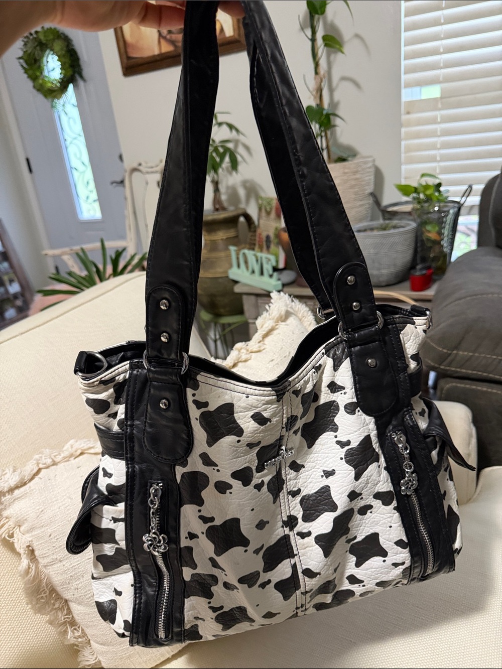 Angel Kiss Black and White Cow Print Shoulder Bag